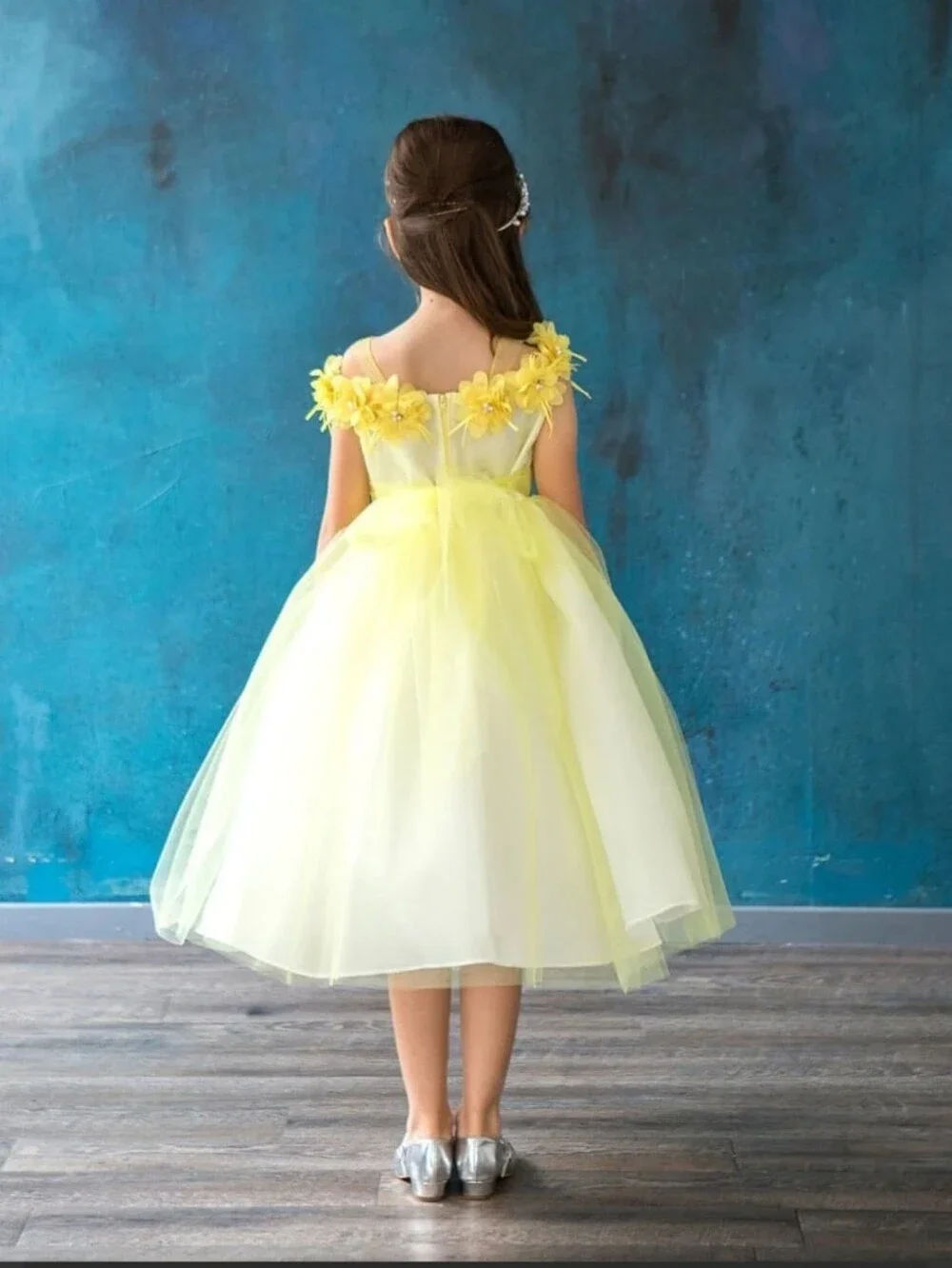 Girls 3D Floral Cold Shoulder Dress